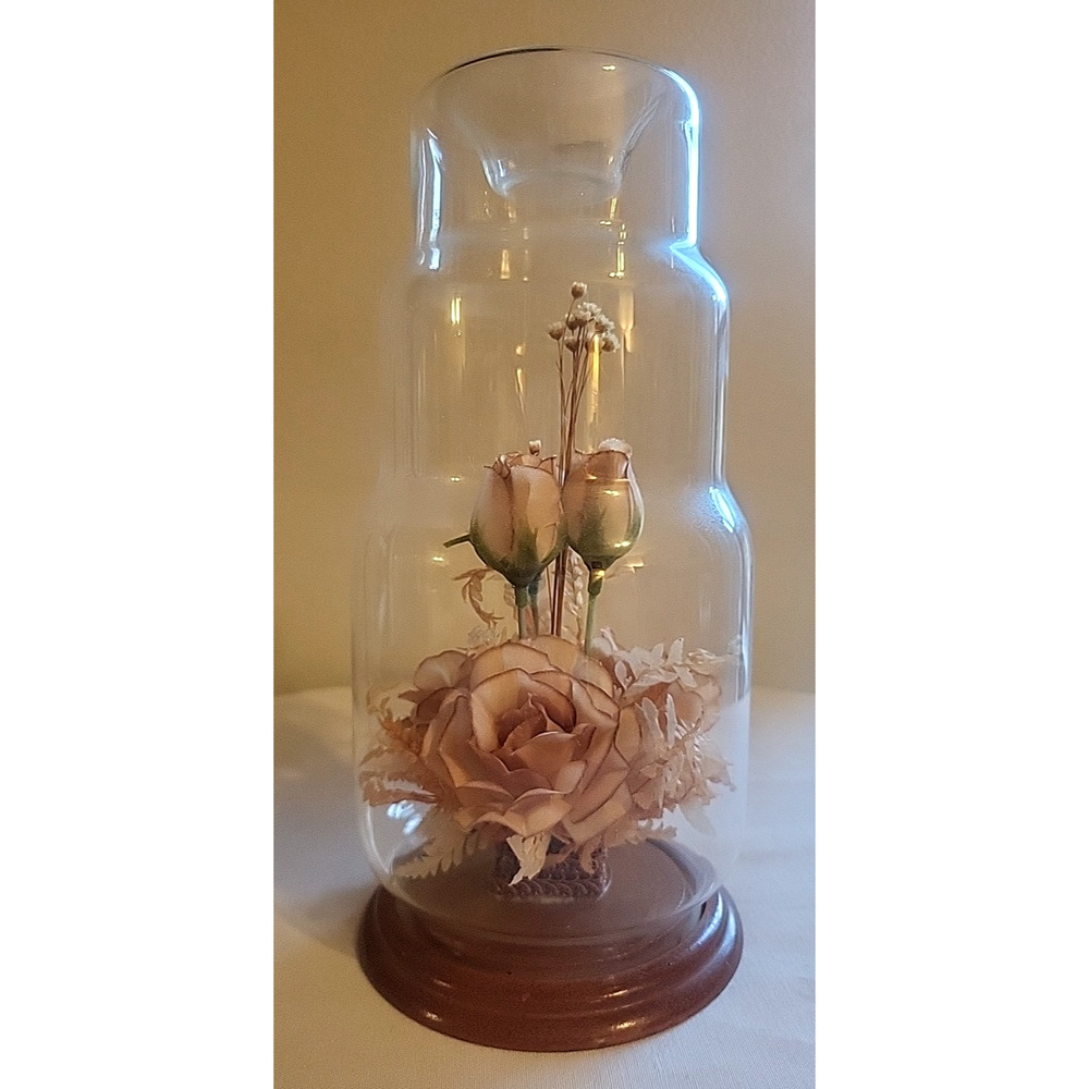 VTG 1960s Creco Trading Corp Pink Roses Under Cloche Dome Home Decor Wood Base